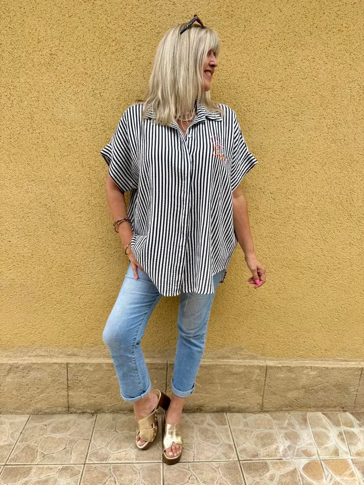 Chemise en gaze de coton Ciao bella bleu marine