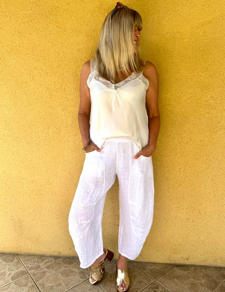 Pantalon barrel en lin Francesco blanc