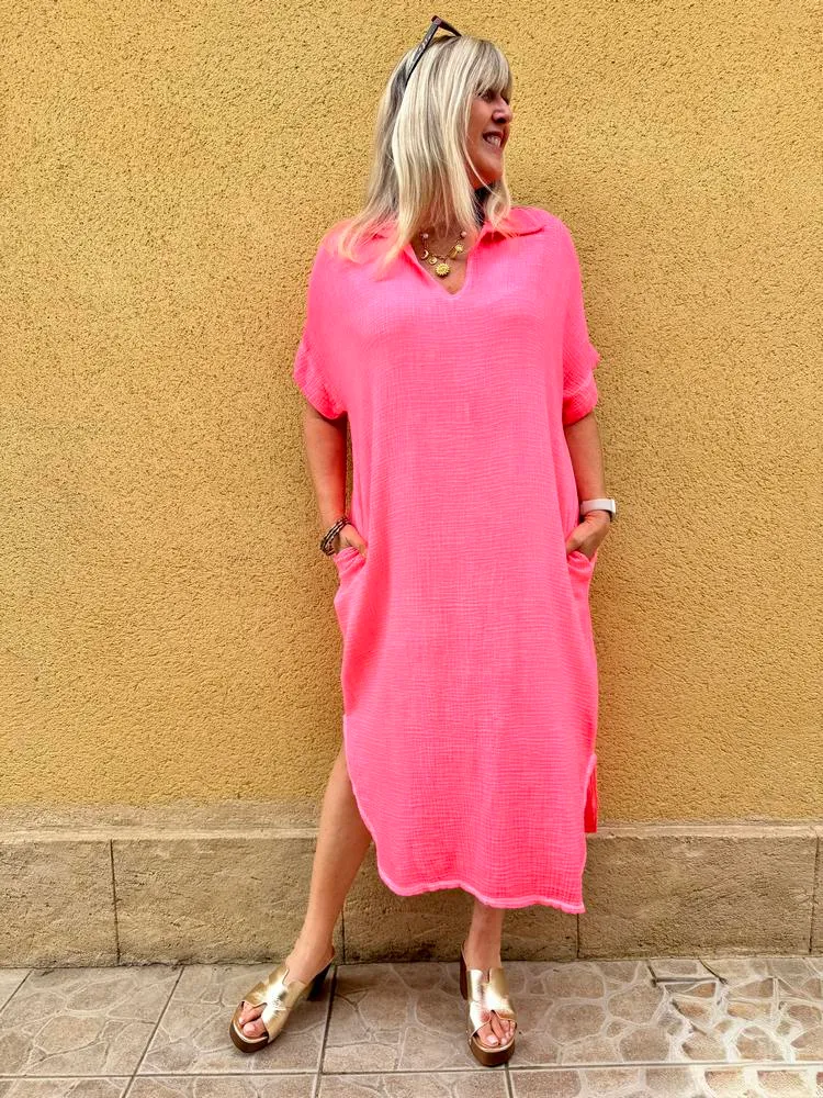 Robe en gaze de coton fluo Léana corail