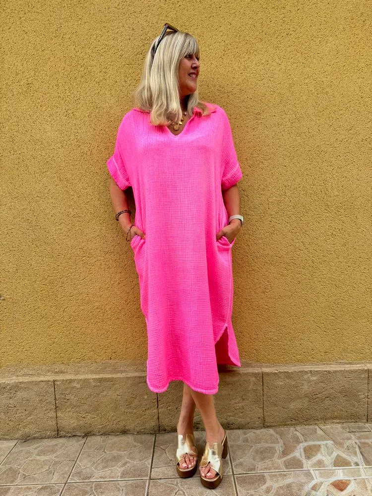 Robe en gaze de coton fluo Léana rose