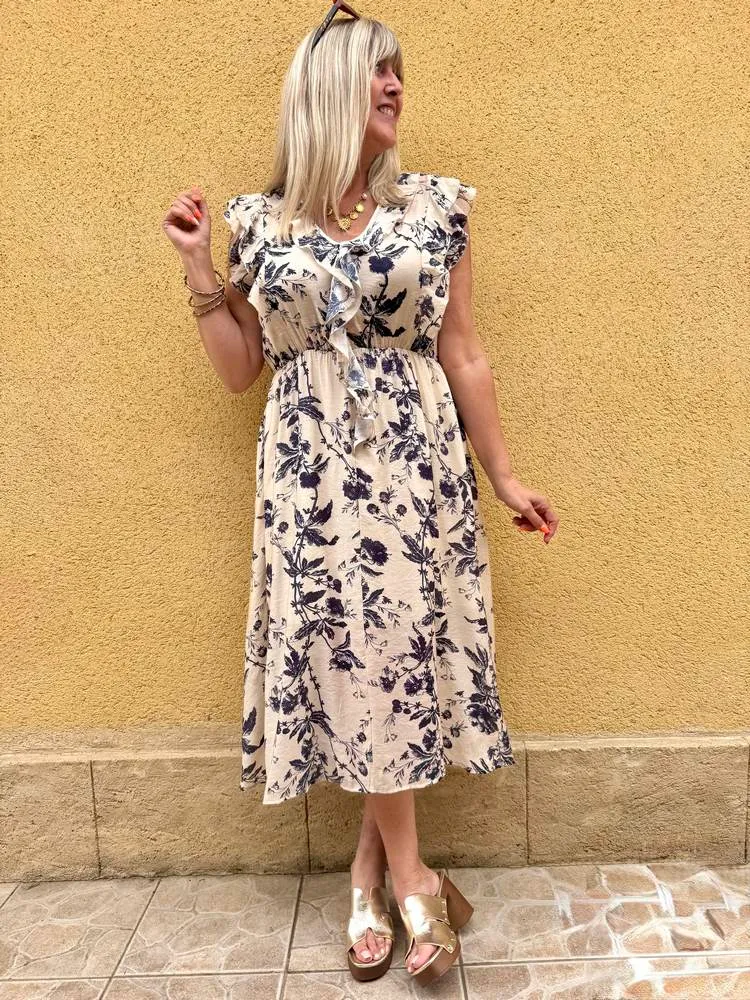 Robe imprimée Inès beige et noir