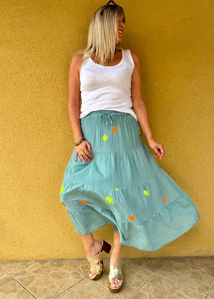 Jupe en voile de coton Alicia bleu-vert