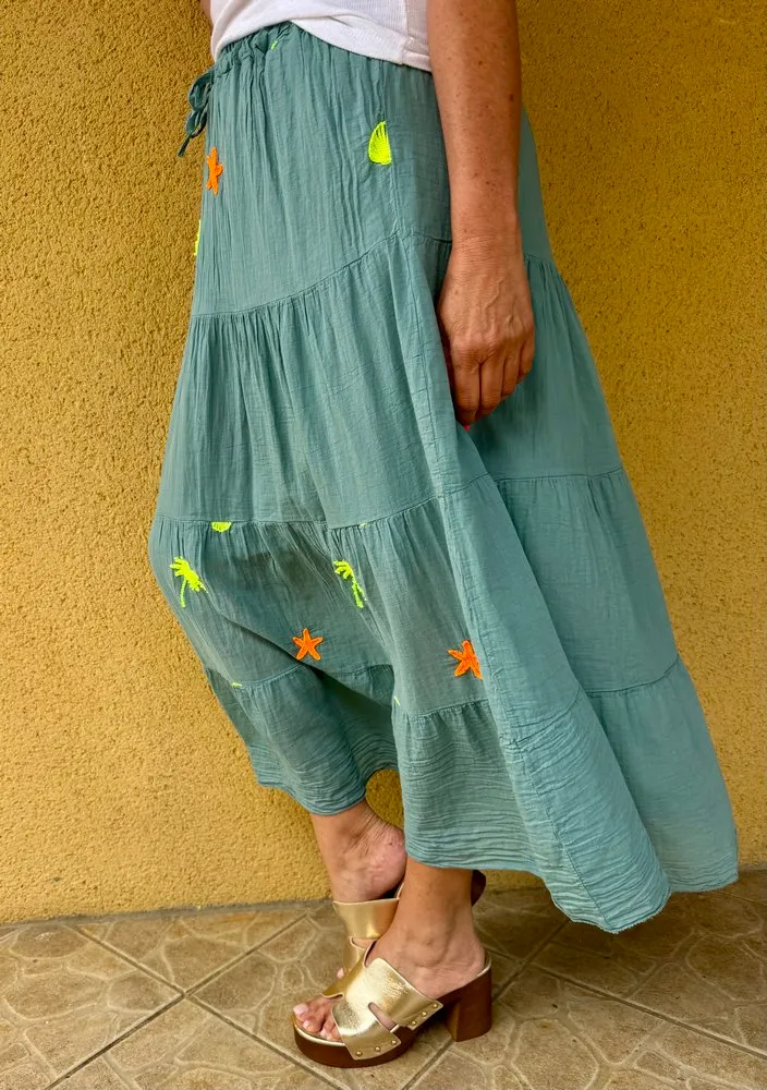 Jupe en voile de coton Alicia bleu-vert