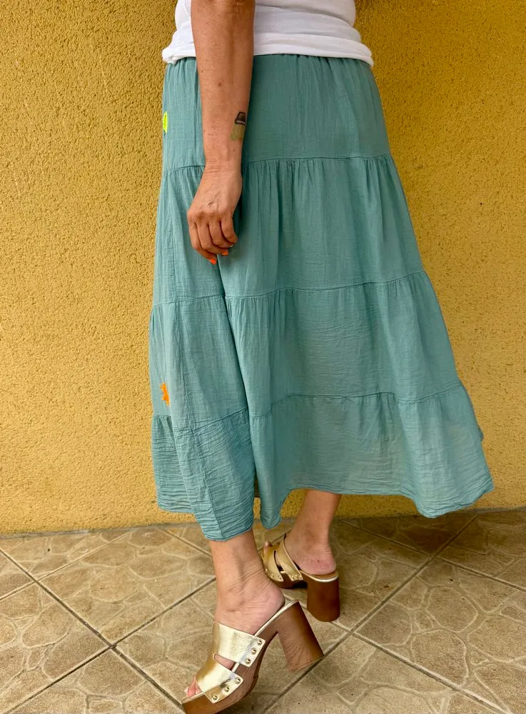 Jupe en voile de coton Alicia bleu-vert
