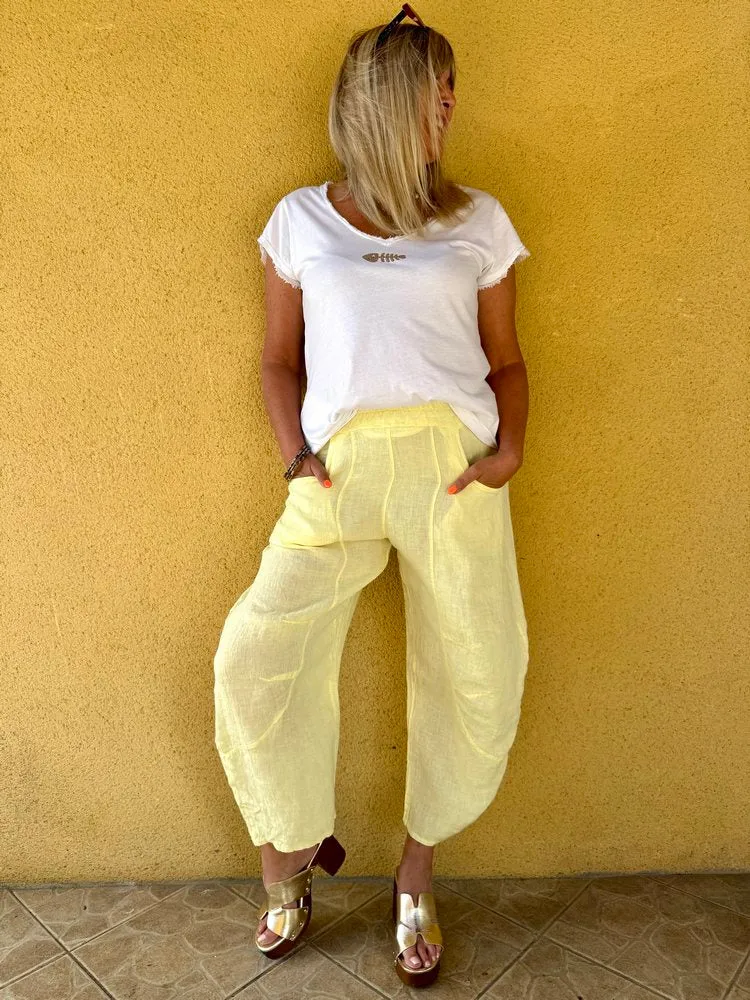 Pantalon barrel en lin Francesco jaune pâle