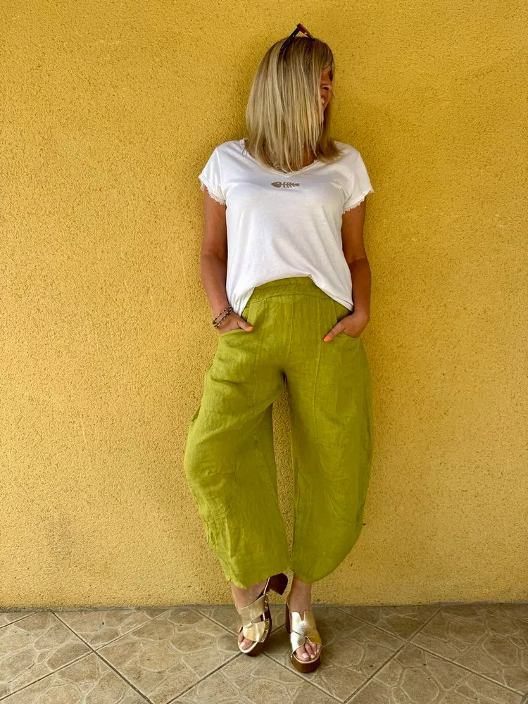Pantalon barrel en lin Francesco vert olive