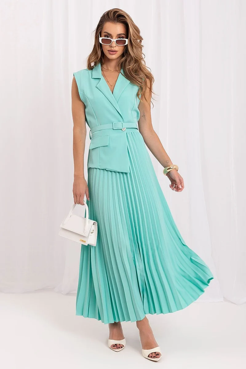 Robe longue plissée turquoise sans manches
