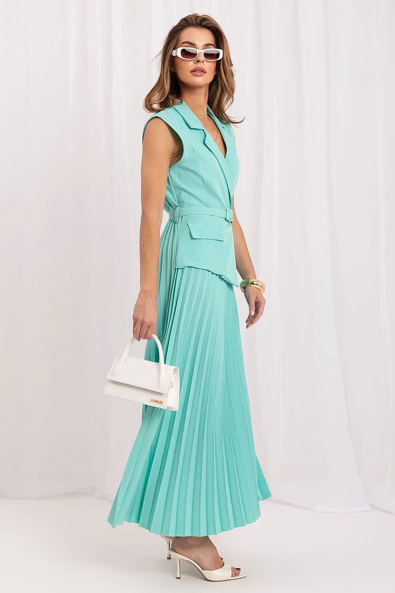 Robe longue plissée turquoise sans manches
