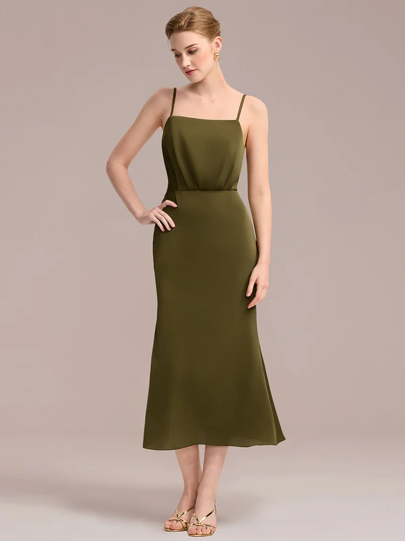 Robe D'invitée De Mariage Midi Olive À Fines Bretelles