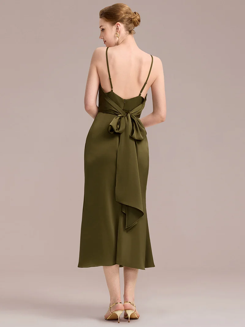 Robe D'invitée De Mariage Midi Olive À Fines Bretelles