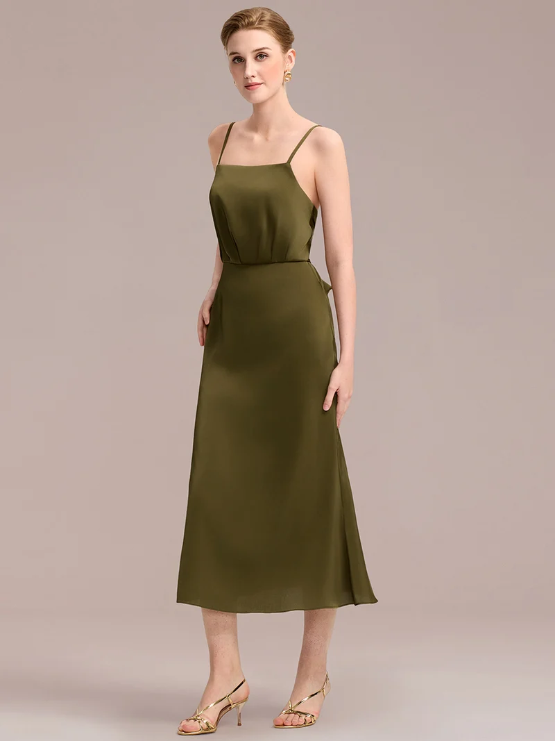 Robe D'invitée De Mariage Midi Olive À Fines Bretelles