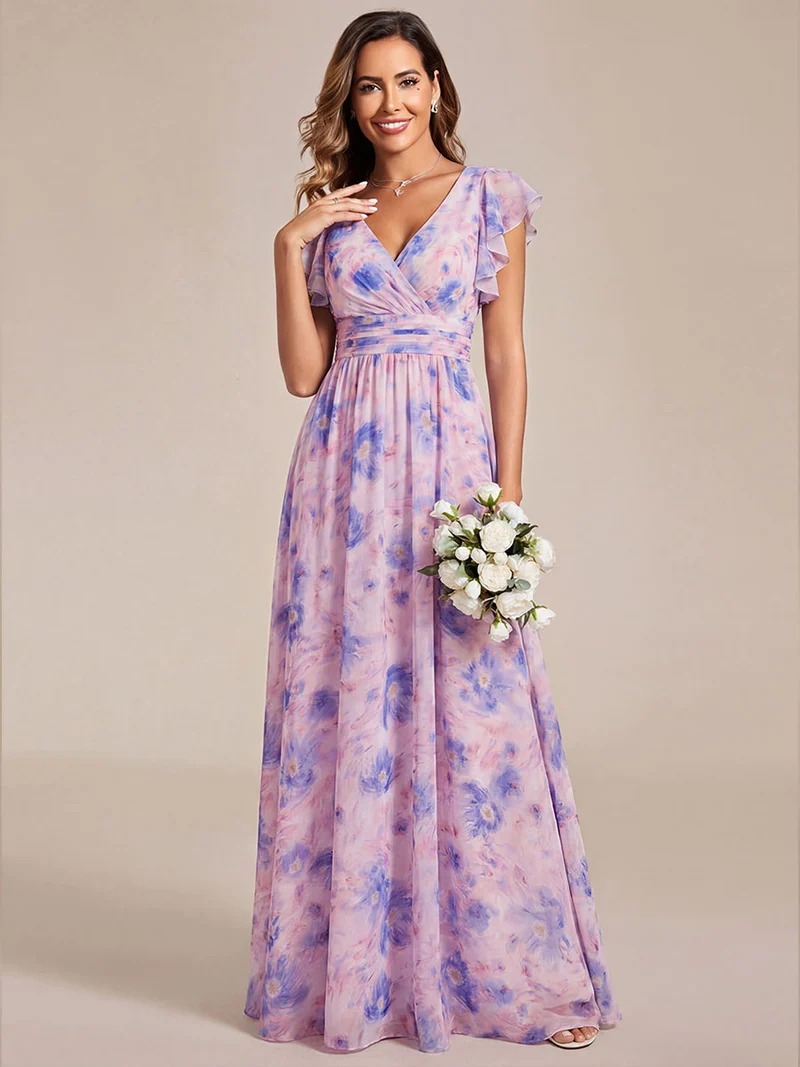 ever LILYANA|Robe de demoiselle d'honneur en mousseline avec manches volantées et dos découpé