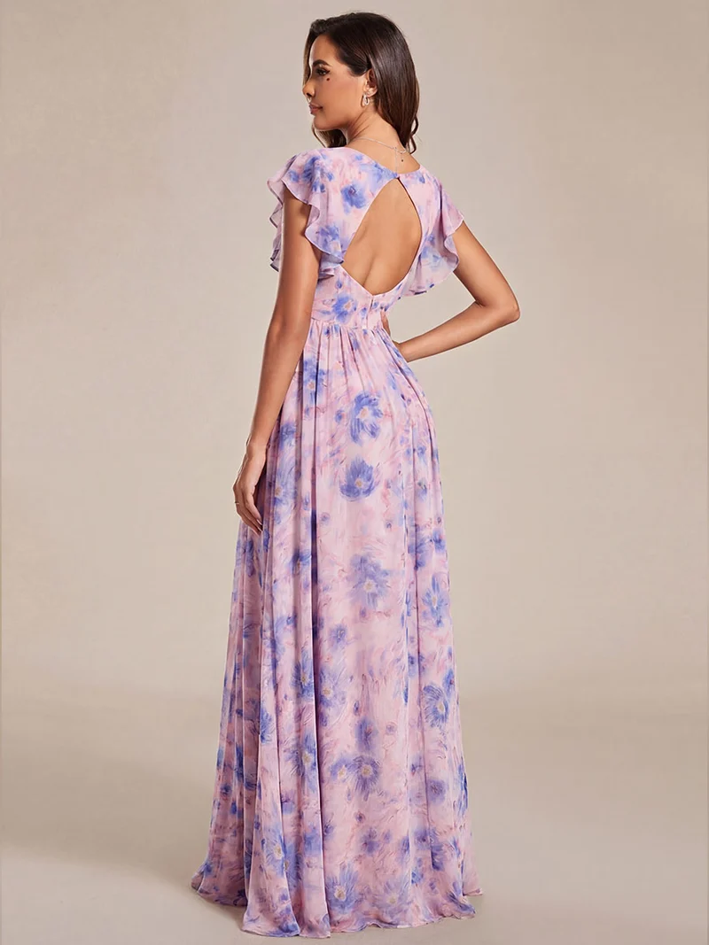 ever LILYANA|Robe de demoiselle d'honneur en mousseline avec manches volantées et dos découpé