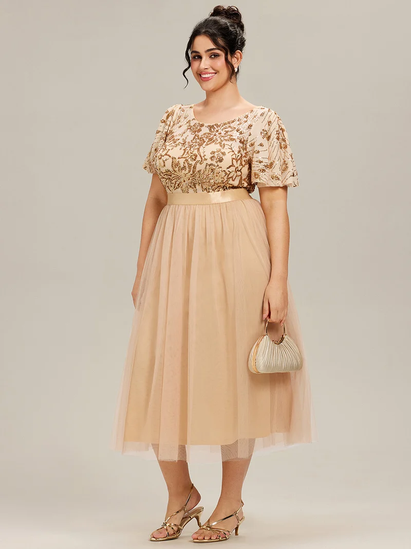 pretty COOPER|Grande Taille Robe midi chic à volants et sequins décolleté