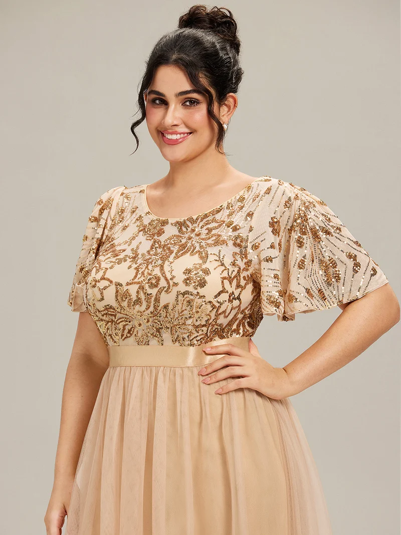 pretty COOPER|Grande Taille Robe midi chic à volants et sequins décolleté