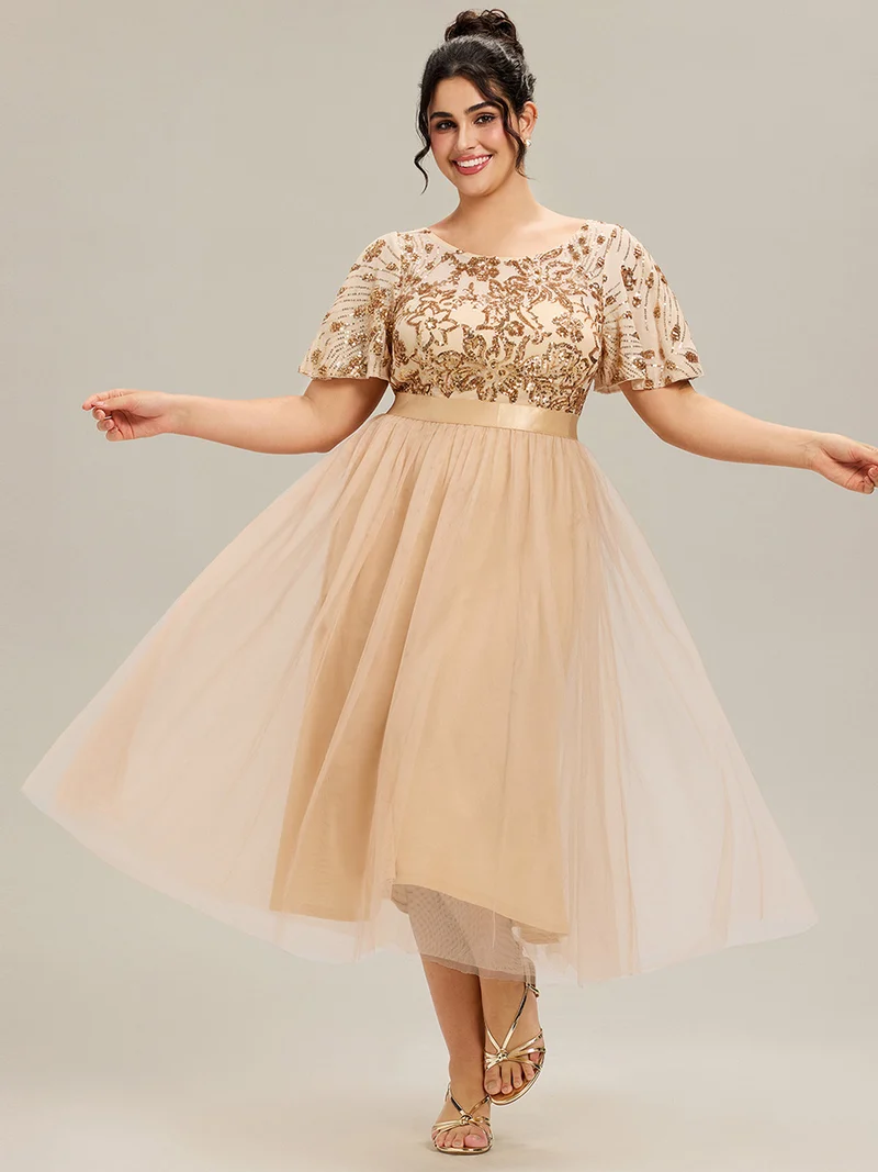 pretty COOPER|Grande Taille Robe midi chic à volants et sequins décolleté