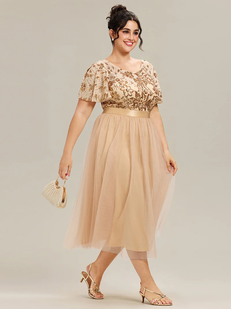 pretty COOPER|Grande Taille Robe midi chic à volants et sequins décolleté