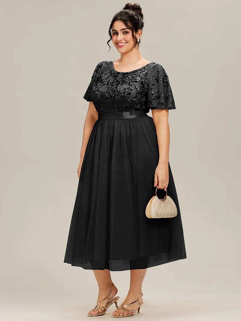 pretty COOPER|Grande Taille Robe midi chic à volants et sequins décolleté
