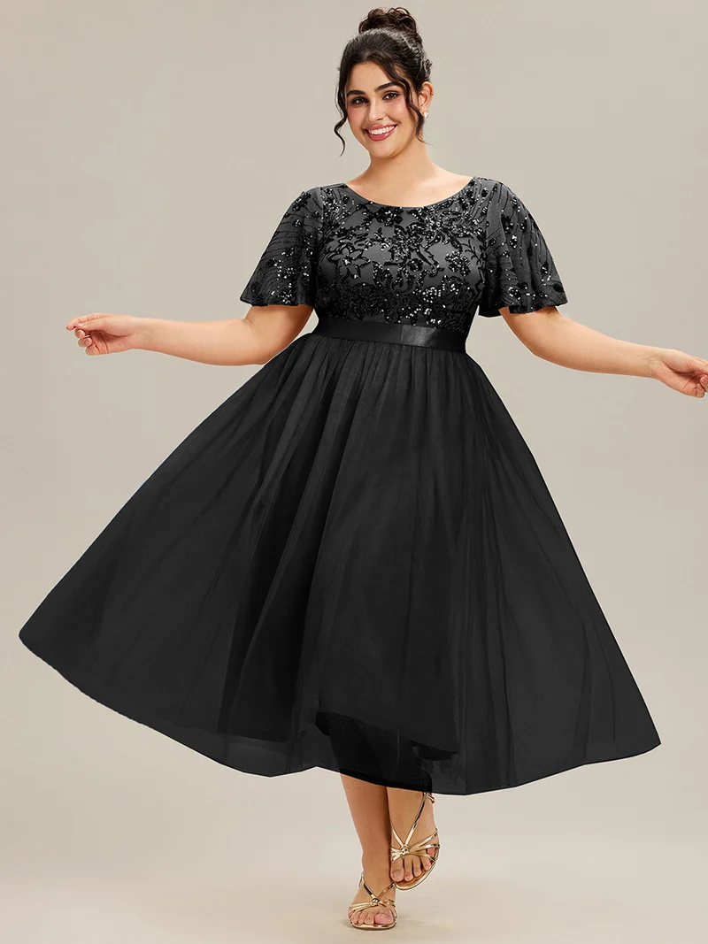 pretty COOPER|Grande Taille Robe midi chic à volants et sequins décolleté