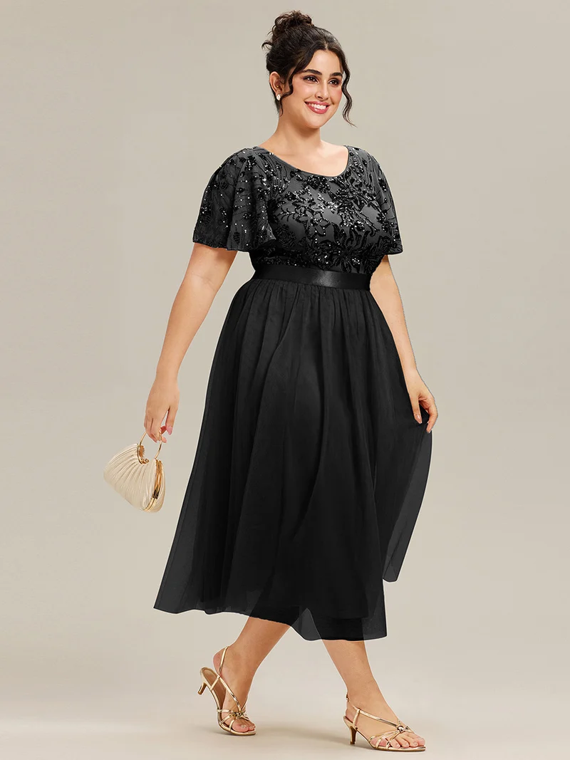 pretty COOPER|Grande Taille Robe midi chic à volants et sequins décolleté