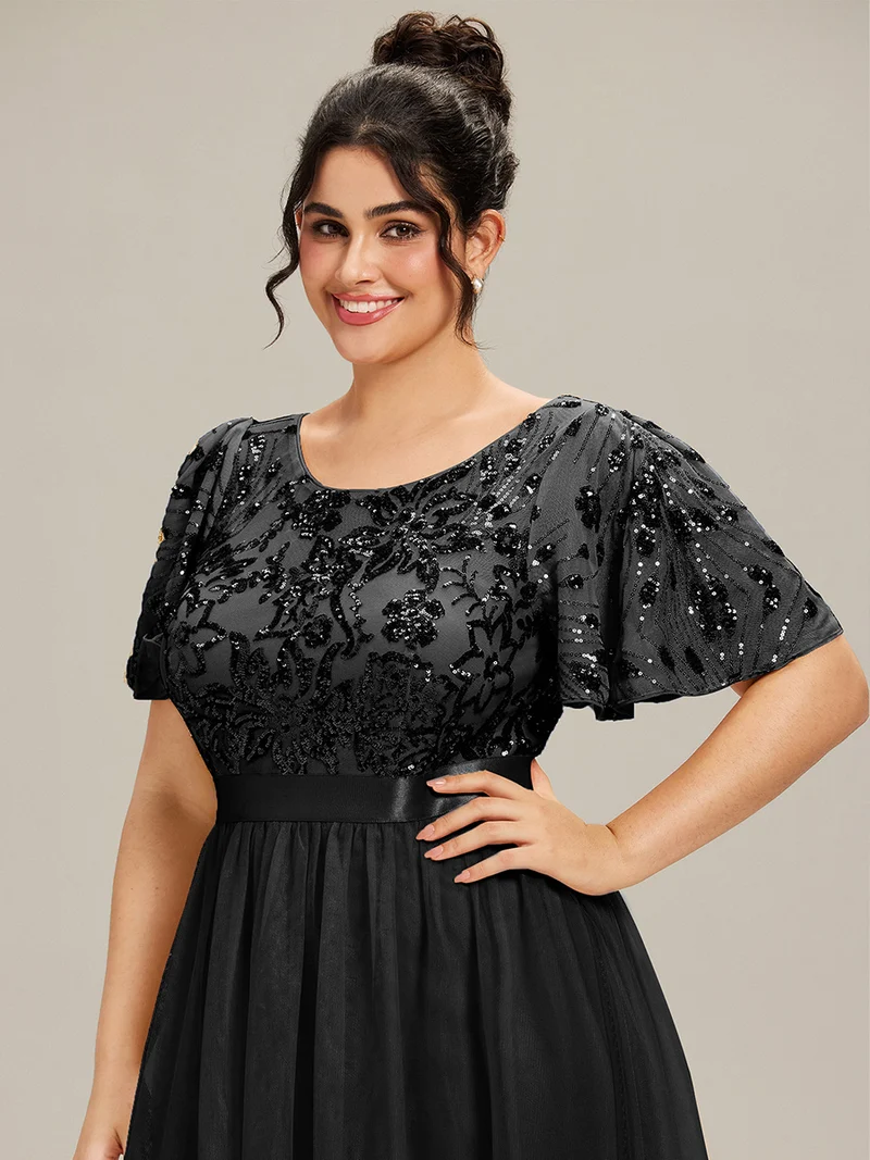 pretty COOPER|Grande Taille Robe midi chic à volants et sequins décolleté
