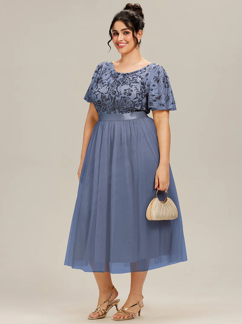 pretty COOPER|Grande Taille Robe midi chic à volants et sequins décolleté