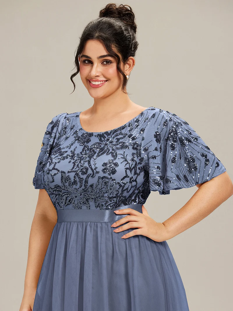 pretty COOPER|Grande Taille Robe midi chic à volants et sequins décolleté