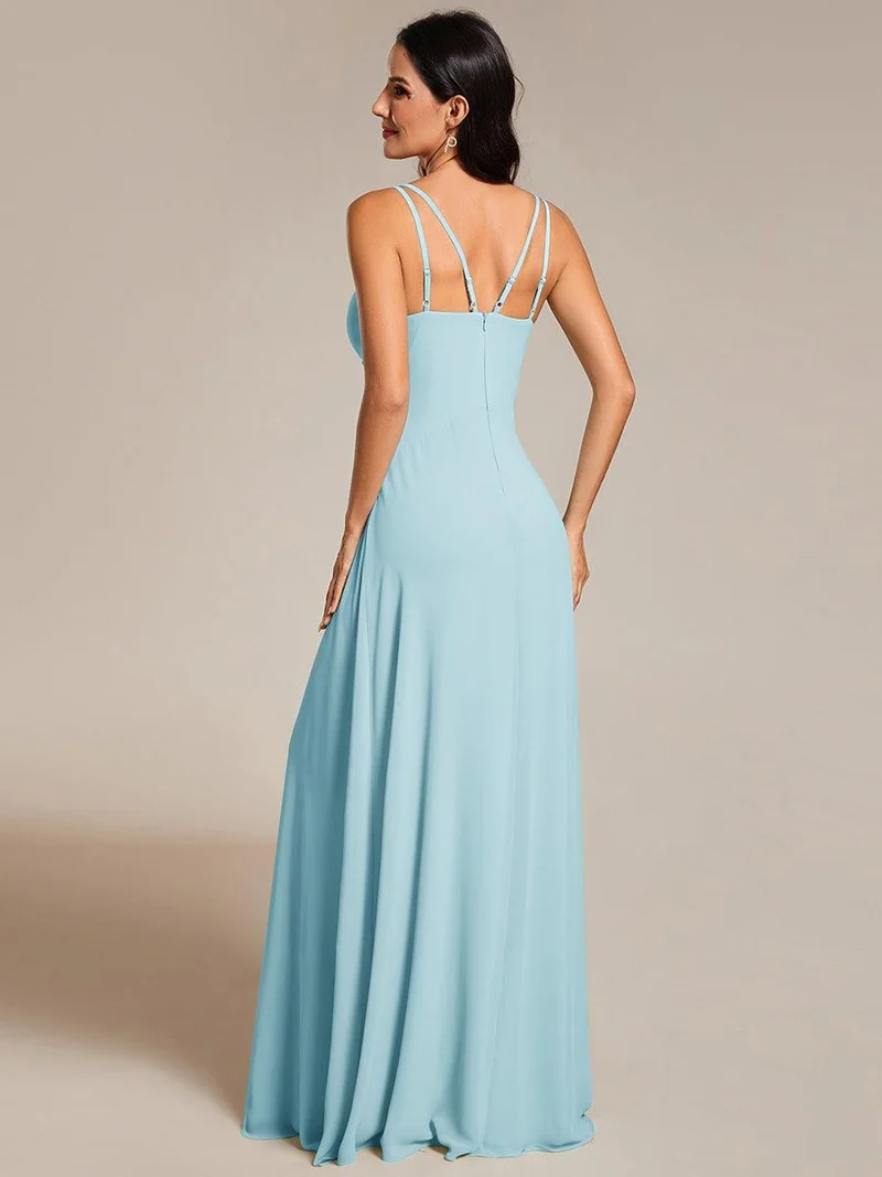 Robe de demoiselle d'honneur plissée chic à bretelles réglables et col en V