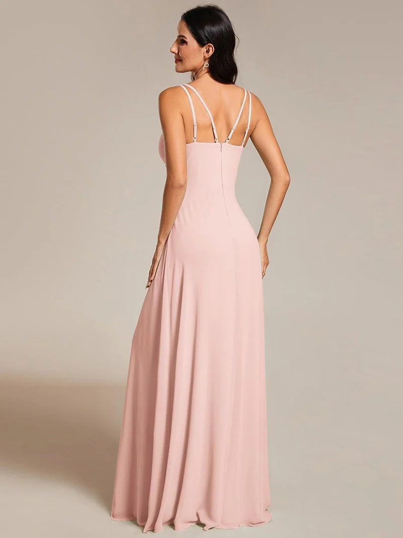 Robe de demoiselle d'honneur plissée chic à bretelles réglables et col en V