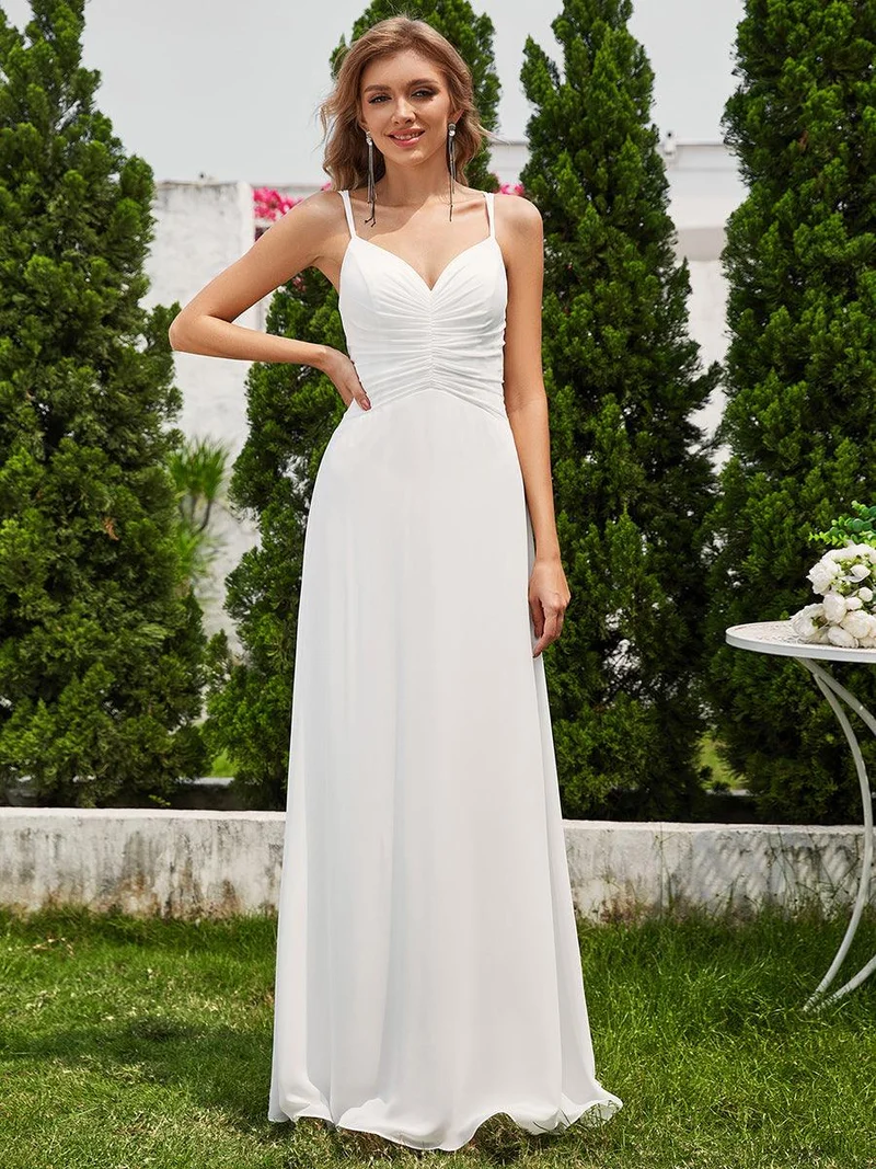 Robe de demoiselle d'honneur plissée chic à bretelles réglables et col en V