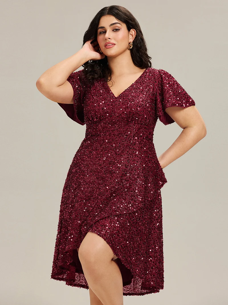 pretty CALISTEA|Robe de soirée mi-longue à volants et paillettes(Vente Finale)