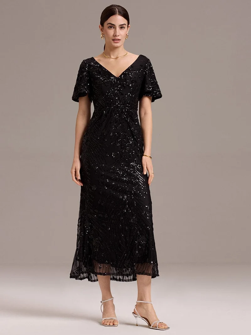 ever PALMER|Robe cérémonie femme mi-longue sirène formelle brodée à paillettes