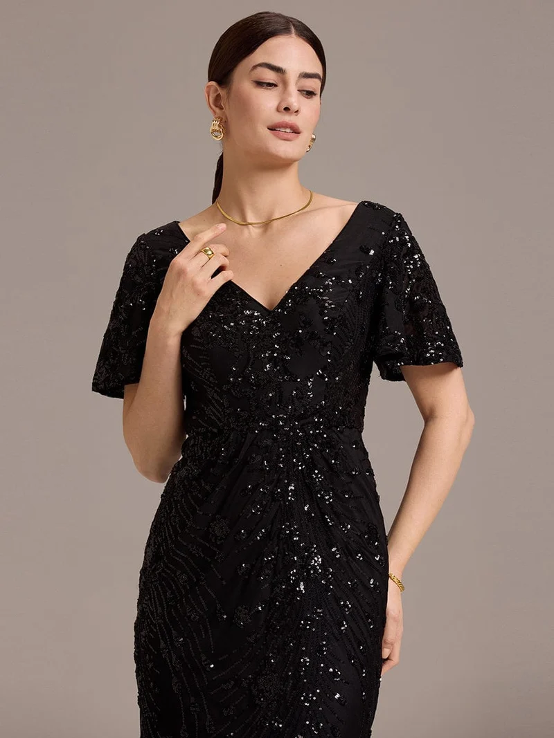 ever PALMER|Robe cérémonie femme mi-longue sirène formelle brodée à paillettes