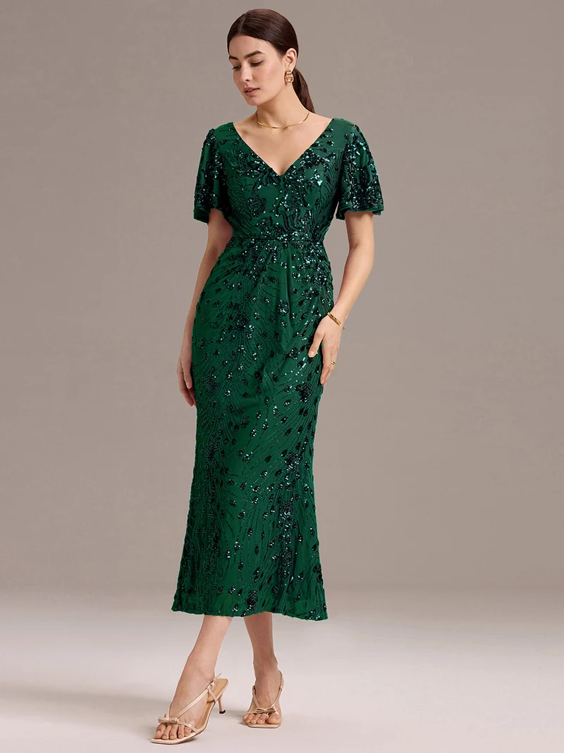 ever PALMER|Robe cérémonie femme mi-longue sirène formelle brodée à paillettes