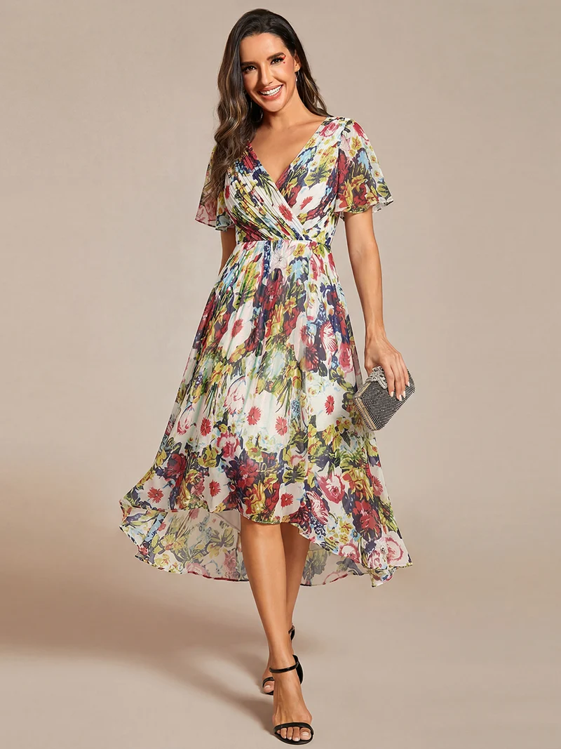 ever FAYE|Robe d'invitée de mariage chic à avec col en V et à manches courtes