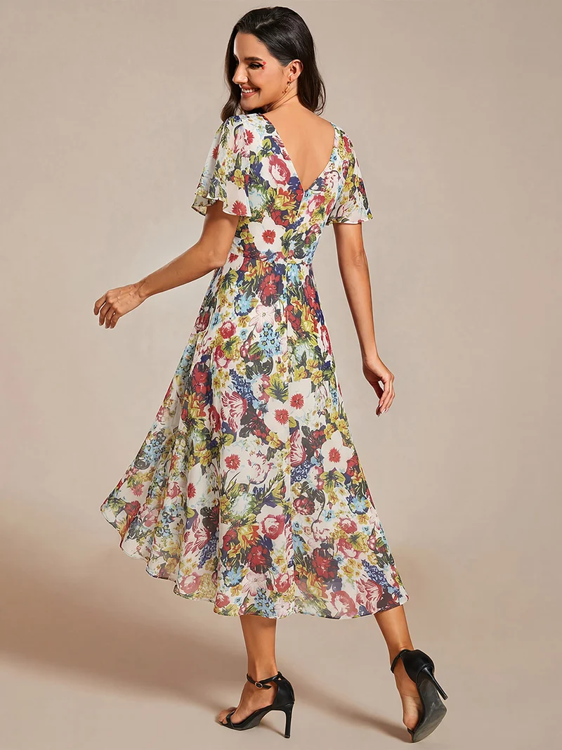 ever FAYE|Robe d'invitée de mariage chic à avec col en V et à manches courtes