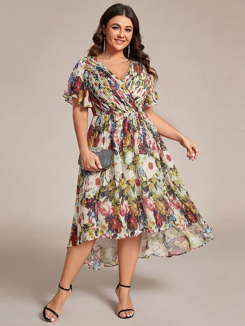 ever FAYE|Robe d'invitée de mariage chic à avec col en V et à manches courtes
