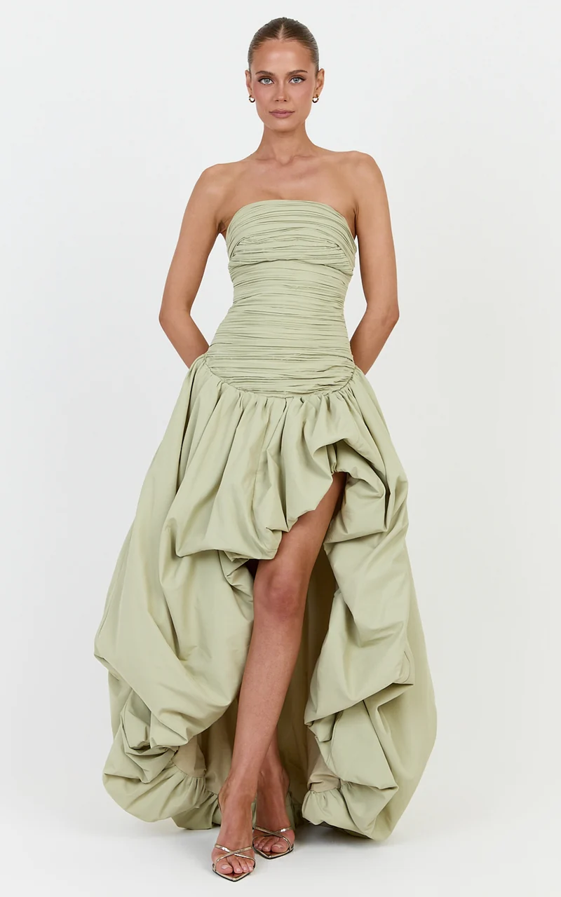 Esme Maxi Dress - Strapless Gathered Bodice Asymmetric Bubble Hem Dropped Waist Dress in Pistachio