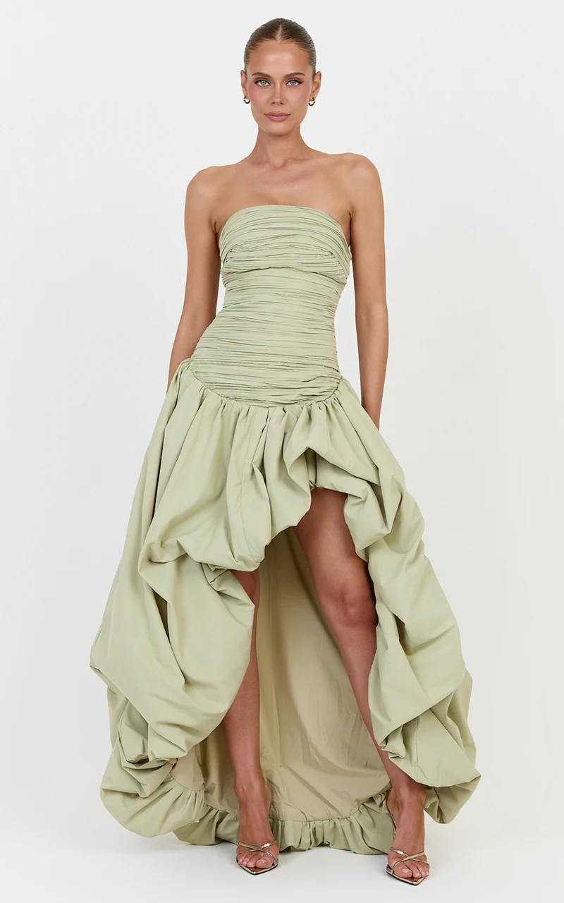 Esme Maxi Dress - Strapless Gathered Bodice Asymmetric Bubble Hem Dropped Waist Dress in Pistachio