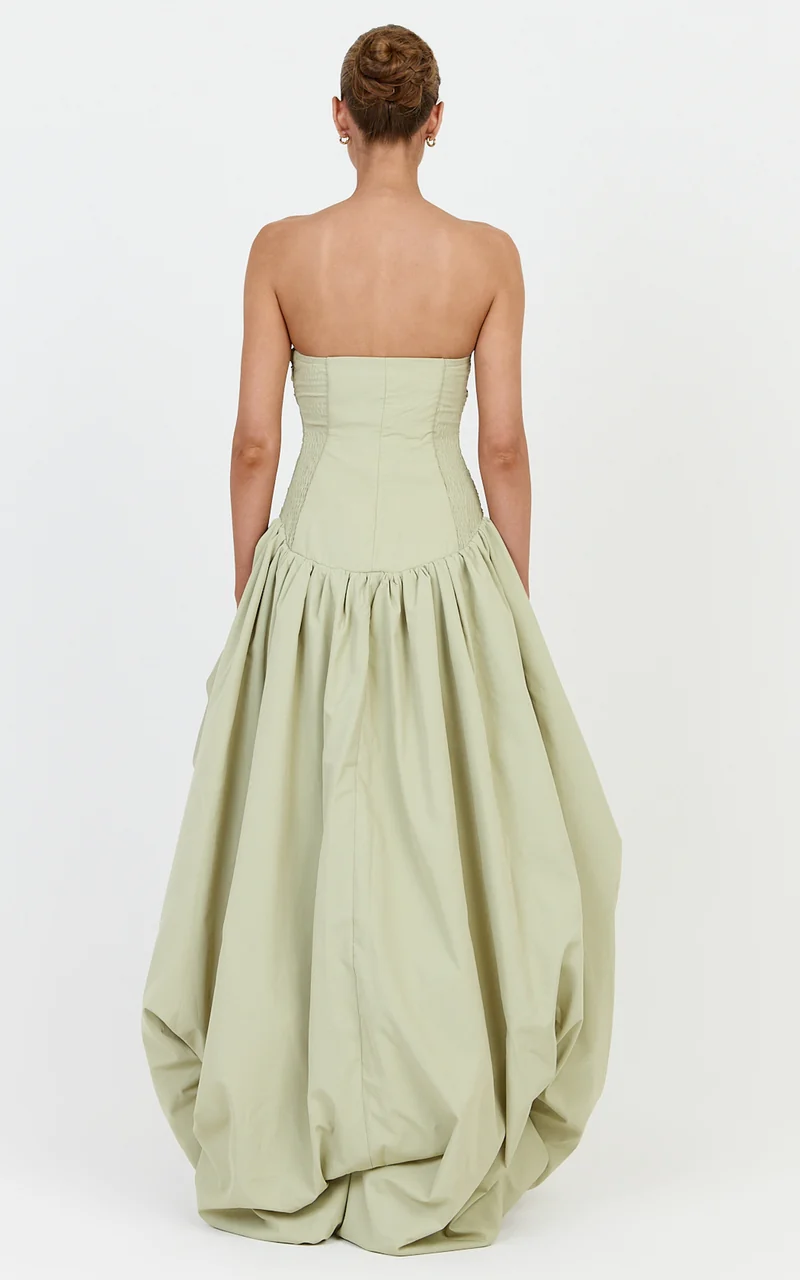 Esme Maxi Dress - Strapless Gathered Bodice Asymmetric Bubble Hem Dropped Waist Dress in Pistachio