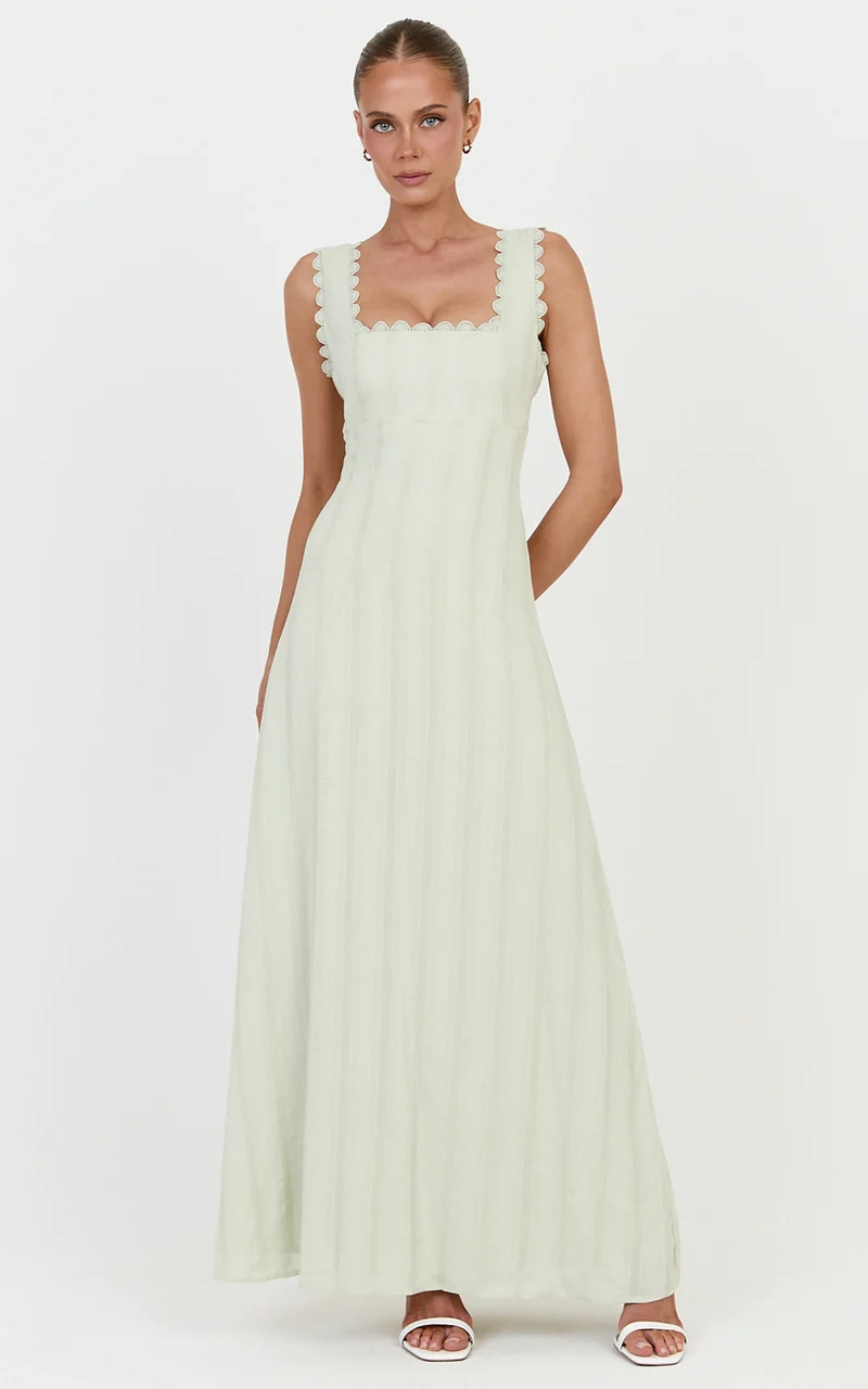 Roxanne Midi Dress - Square Neck Fit And Flare Dress in Sage
