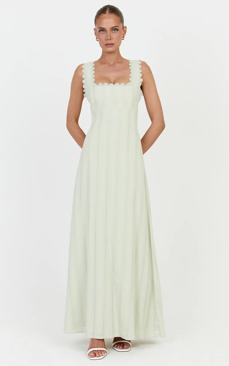 Roxanne Midi Dress - Square Neck Fit And Flare Dress in Sage