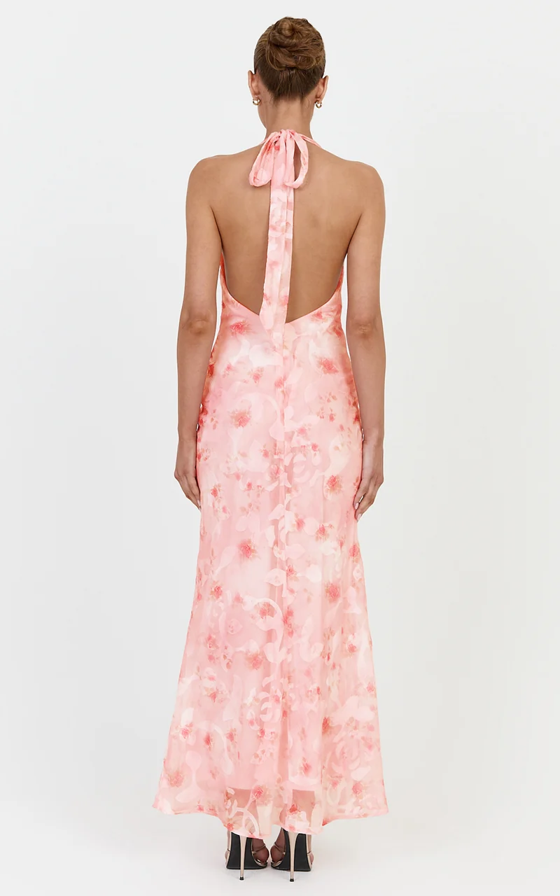Paloma Maxi Dress - Halter Neck Cowl Dress in Pink Floral