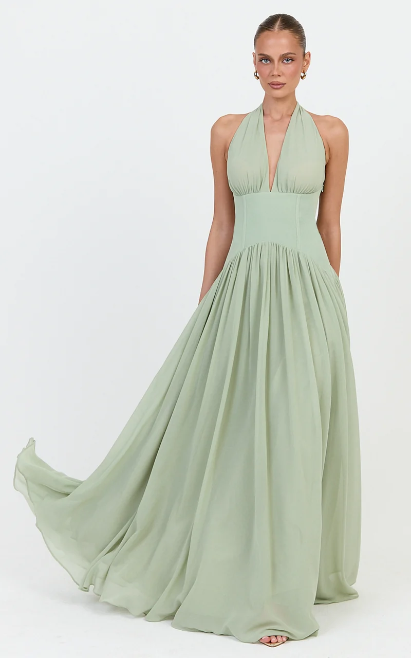 Josephine Maxi Dress - Contrast Corset Halter Neck Dress in Sage