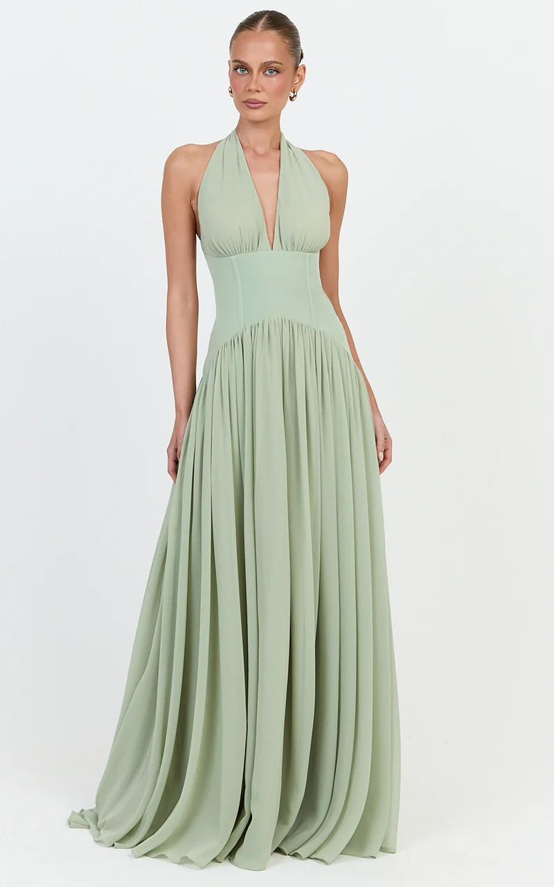 Josephine Maxi Dress - Contrast Corset Halter Neck Dress in Sage