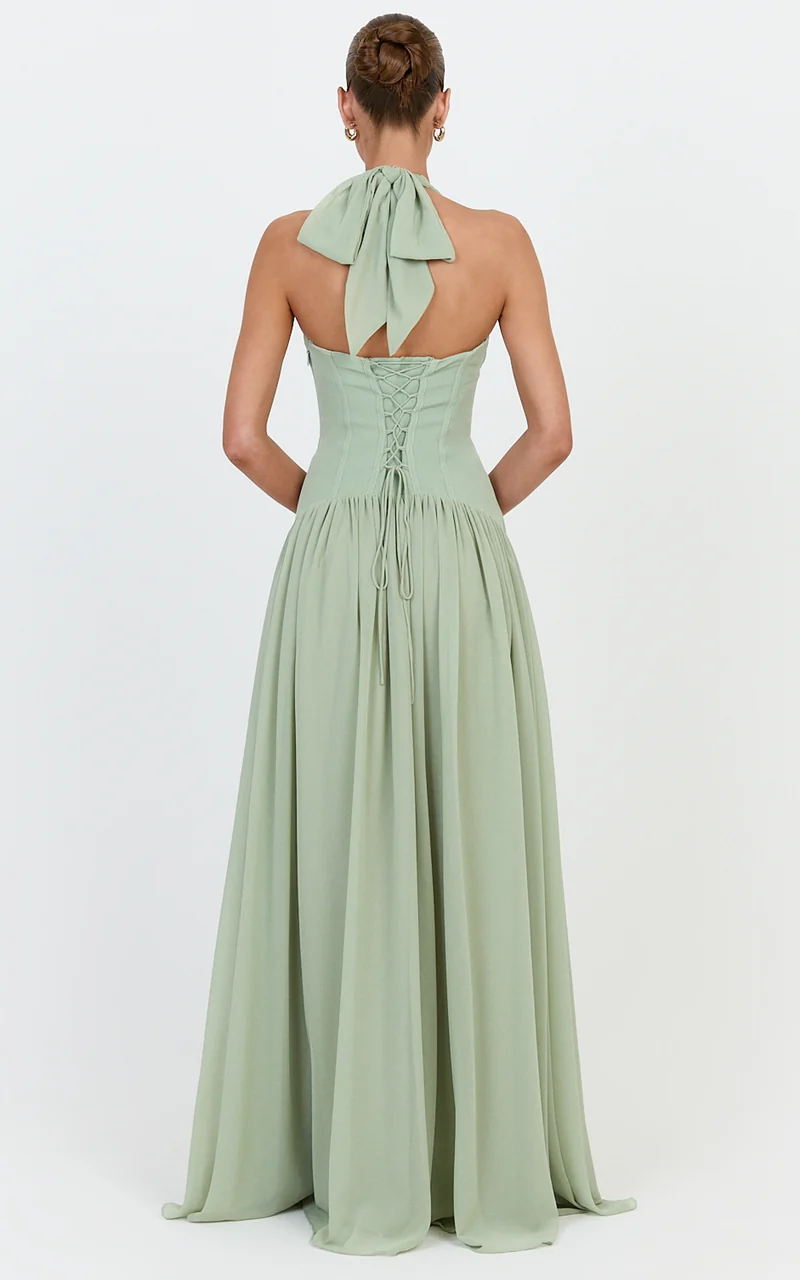 Josephine Maxi Dress - Contrast Corset Halter Neck Dress in Sage
