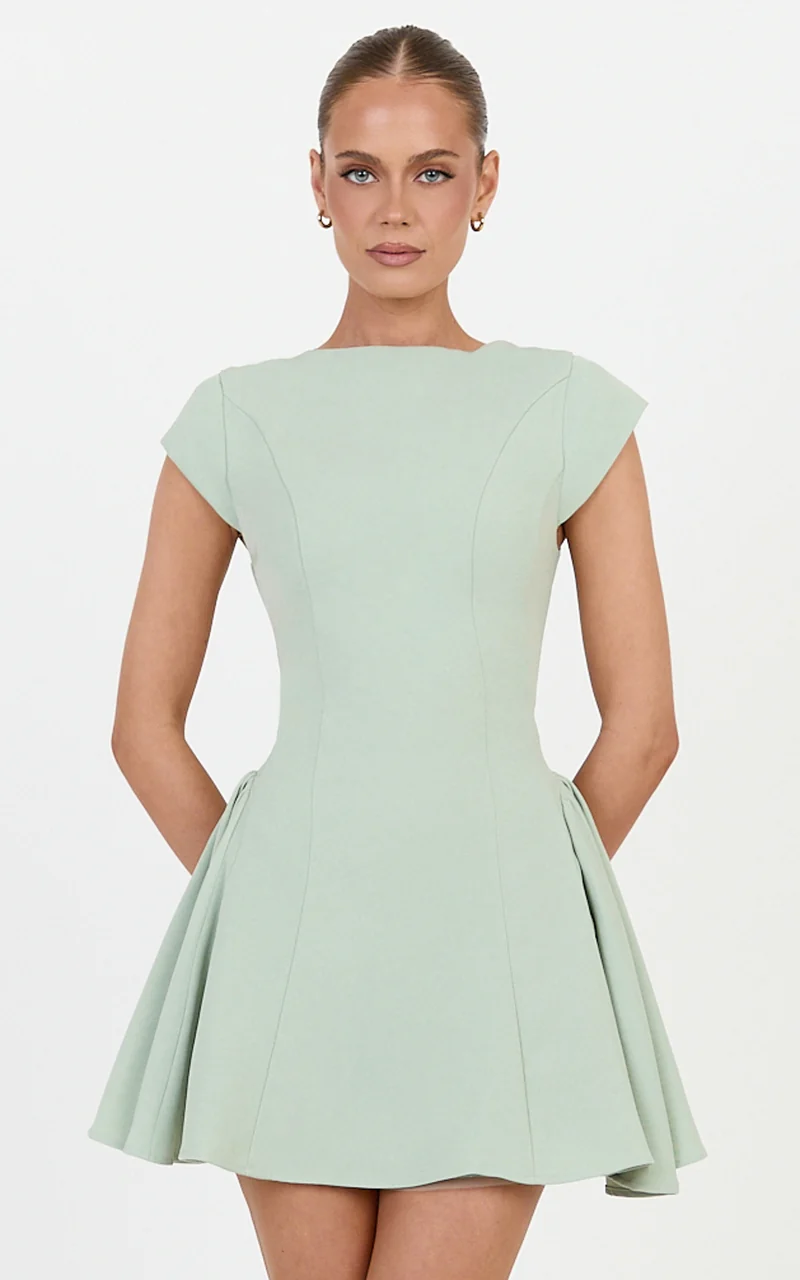 Lorayne Mini Dress - Cap Sleeve Gathered Hip Tie Back Mini Dress in Sage