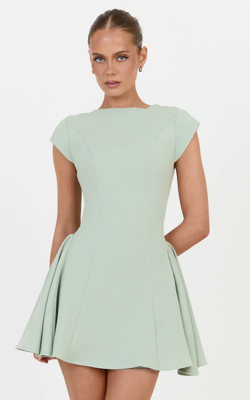 Lorayne Mini Dress - Cap Sleeve Gathered Hip Tie Back Mini Dress in Sage