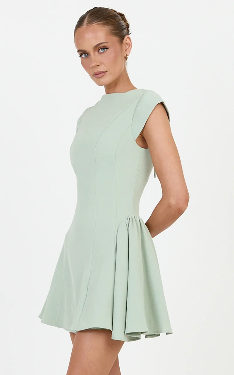 Lorayne Mini Dress - Cap Sleeve Gathered Hip Tie Back Mini Dress in Sage