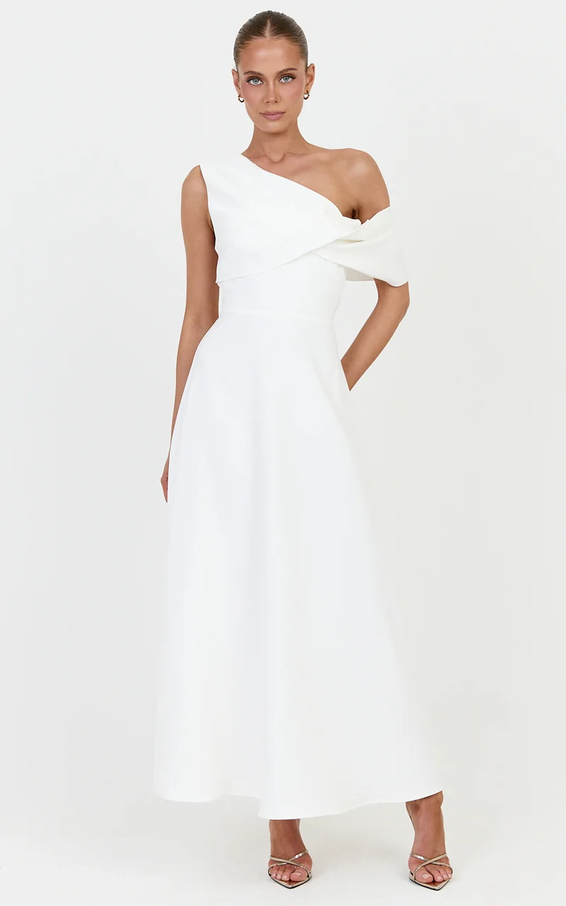 Mirabella Midi Dress - One Shoulder Twist Front Dress in Off White